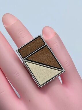 Silver Tone Wood Inlay Stretch Ring Geometric Statement Adjustable